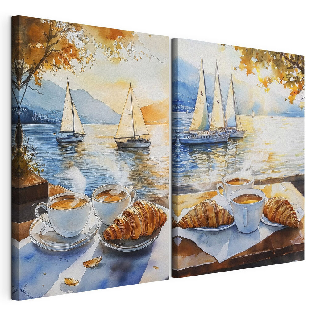 Kaffee bei den Segelbooten, gespannte Leinwand mit umlaufender Kante