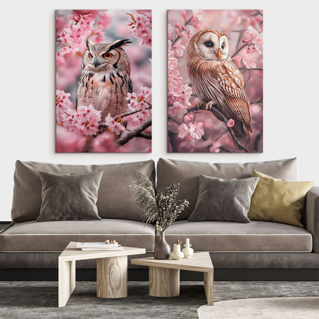 Eulen zwischen Blüten in einem Interieur