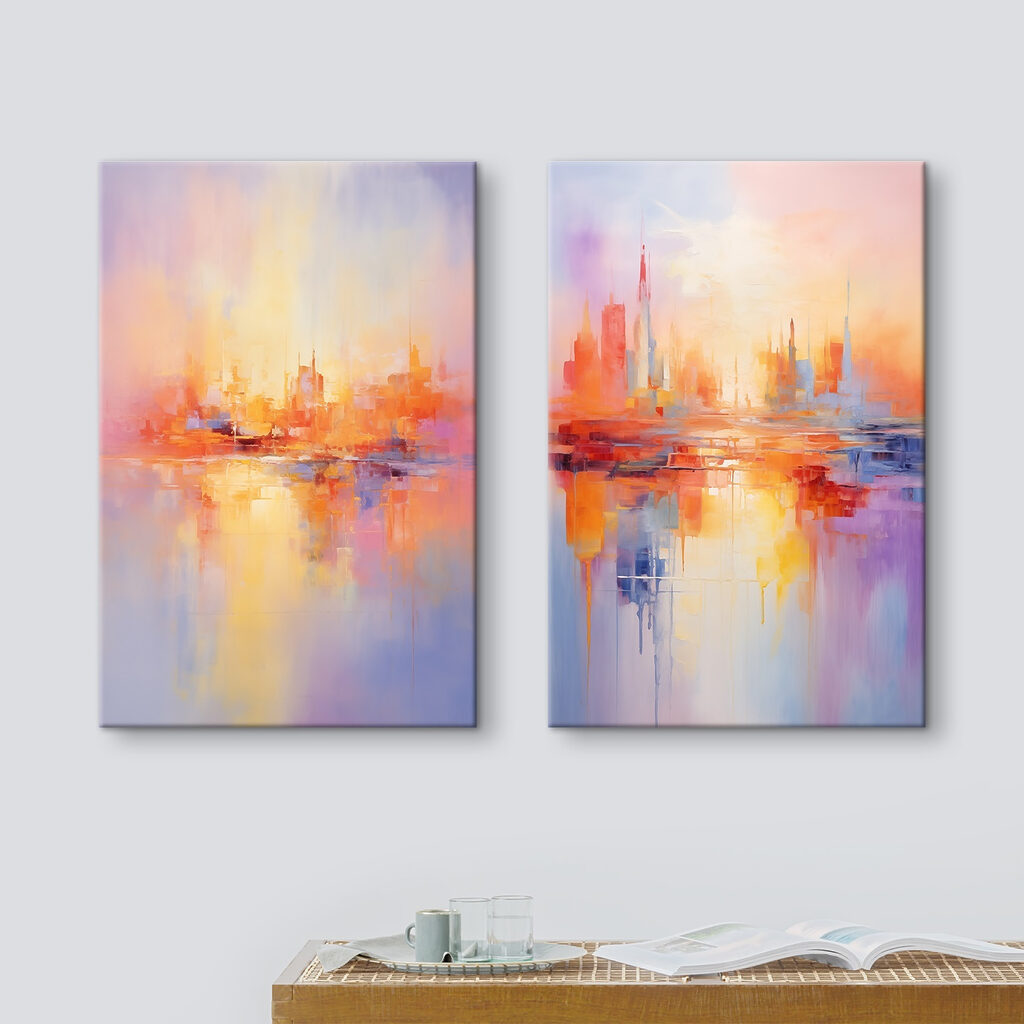 Stadt in Abendfarben in einem Interieur