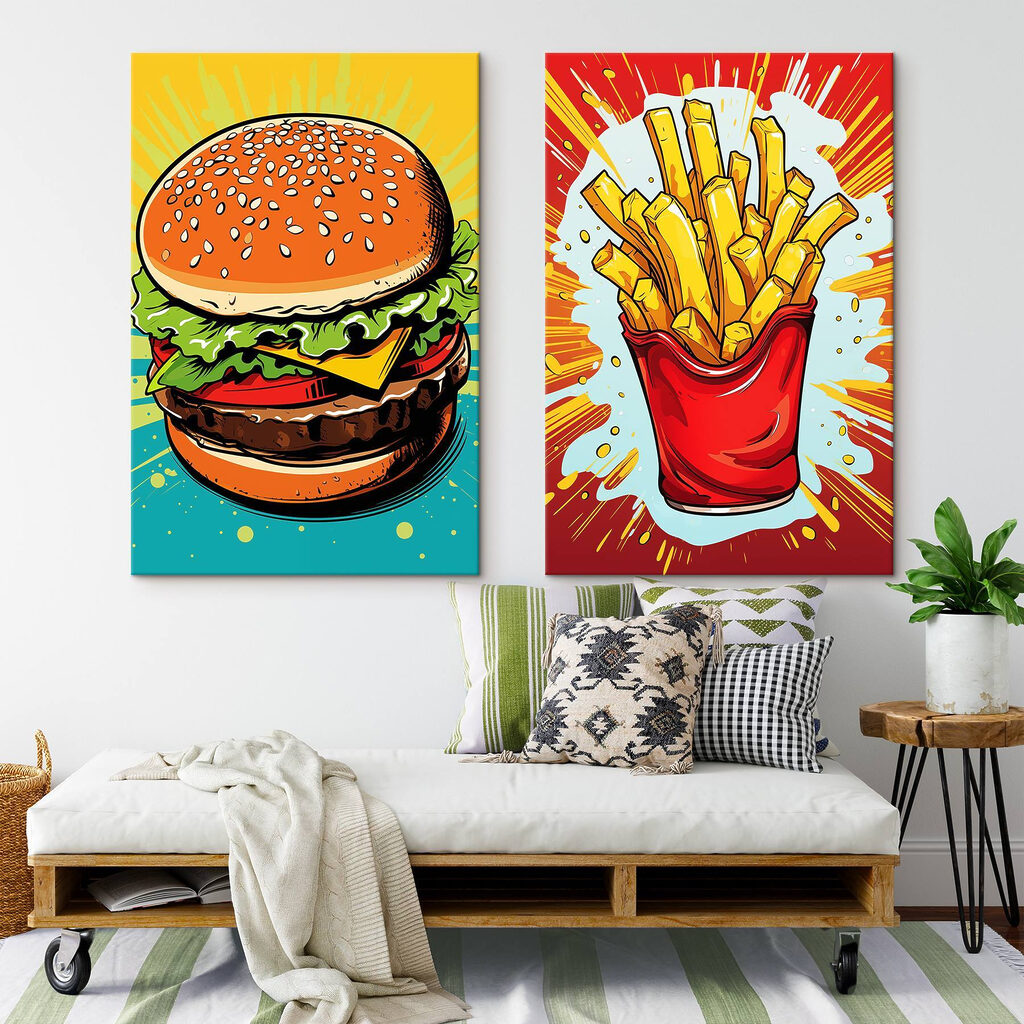Burger und Pommes in einem Interieur