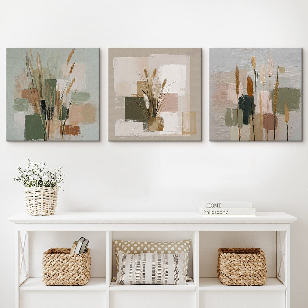 Gräser zwischen Farbflächen in einem Interieur
