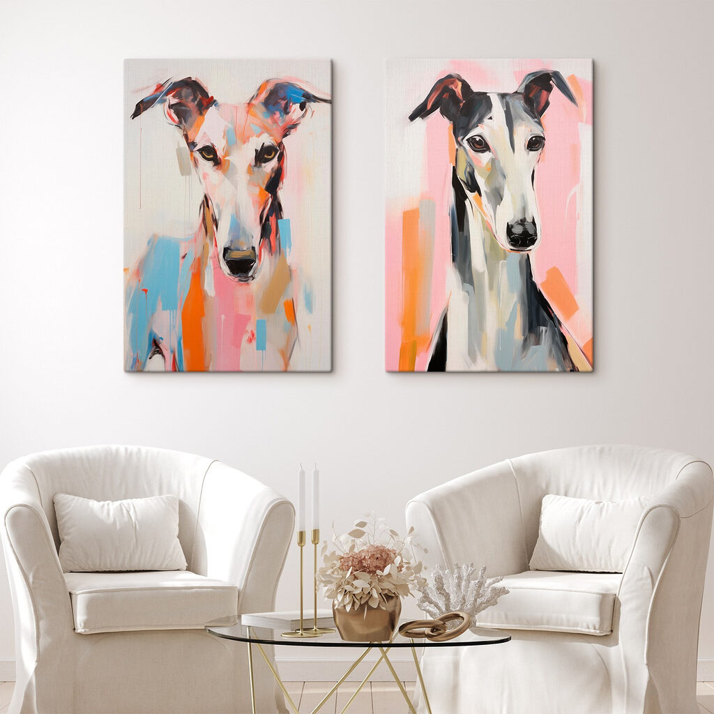 Windhunde in Farbe in einem Interieur