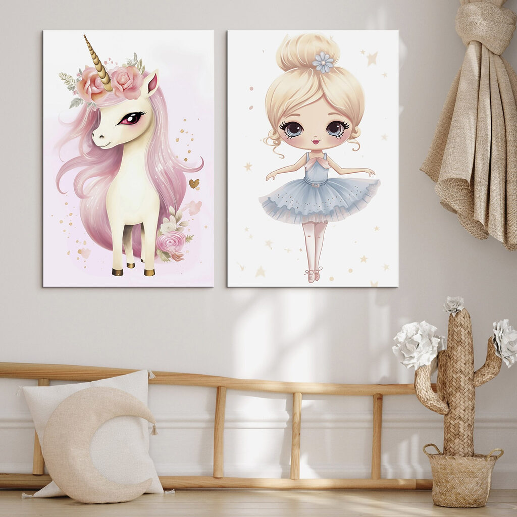 Einhorn und kleine Ballerina in einem Interieur