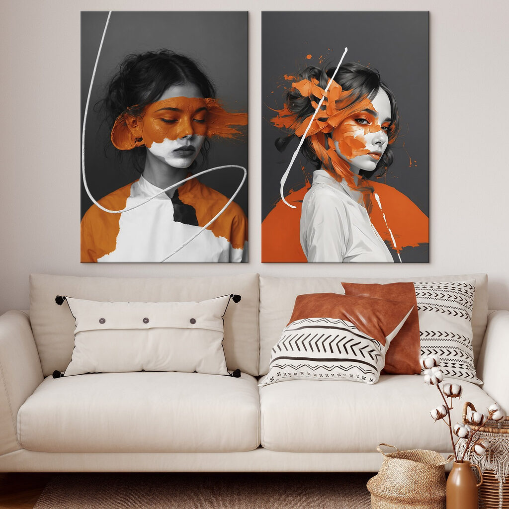 Gesichter in Orange in einem Interieur