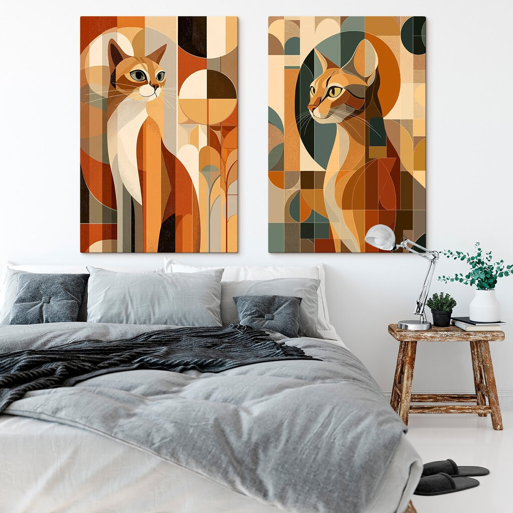 Katzen zwischen geometrischen Formen in einem Interieur