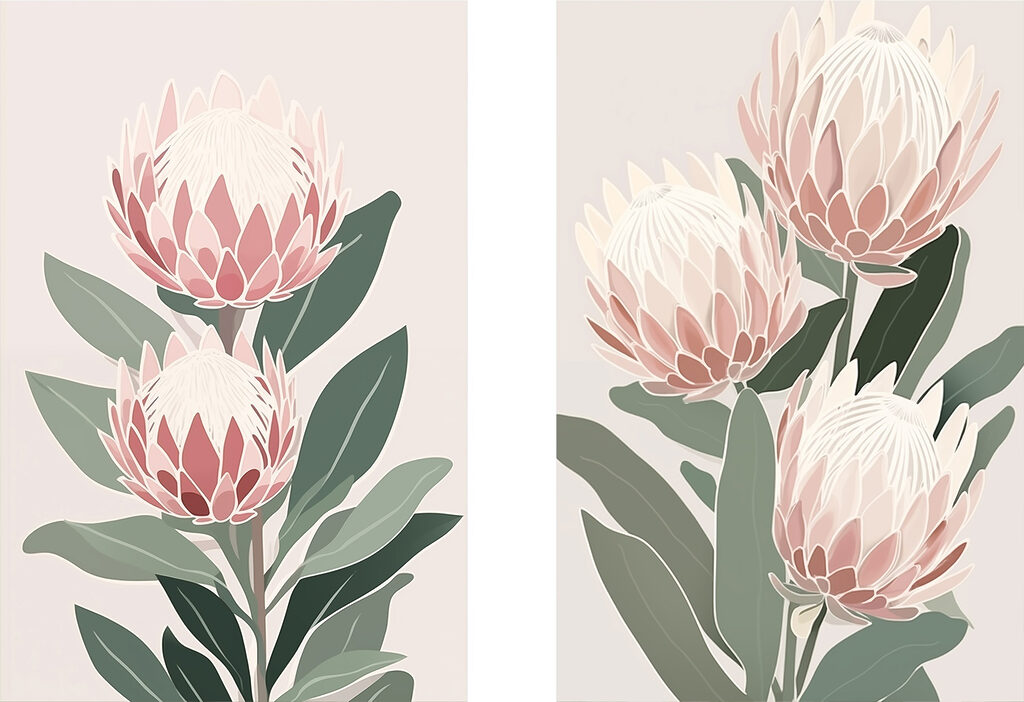 Proteablüten in Pastell — ganzes Design