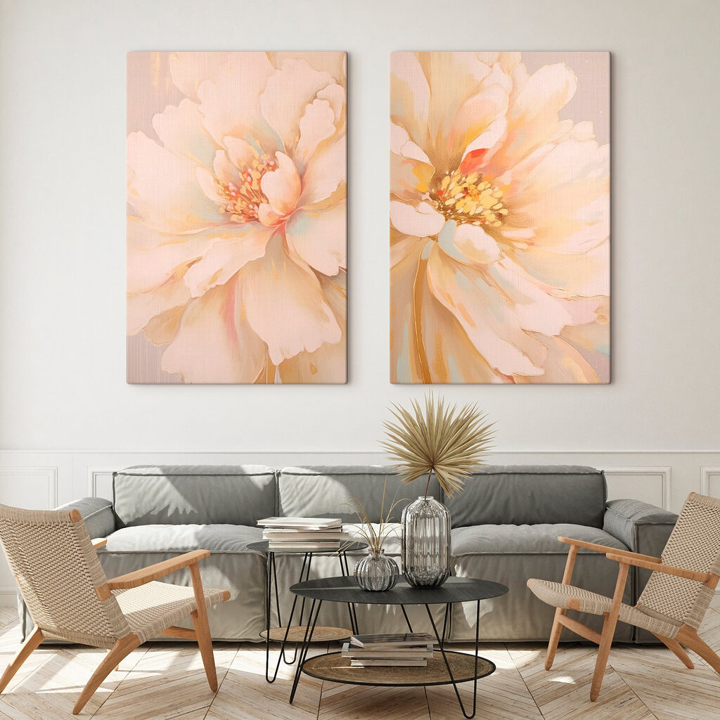 Blütenblätter in Pfirsichtönen in einem Interieur