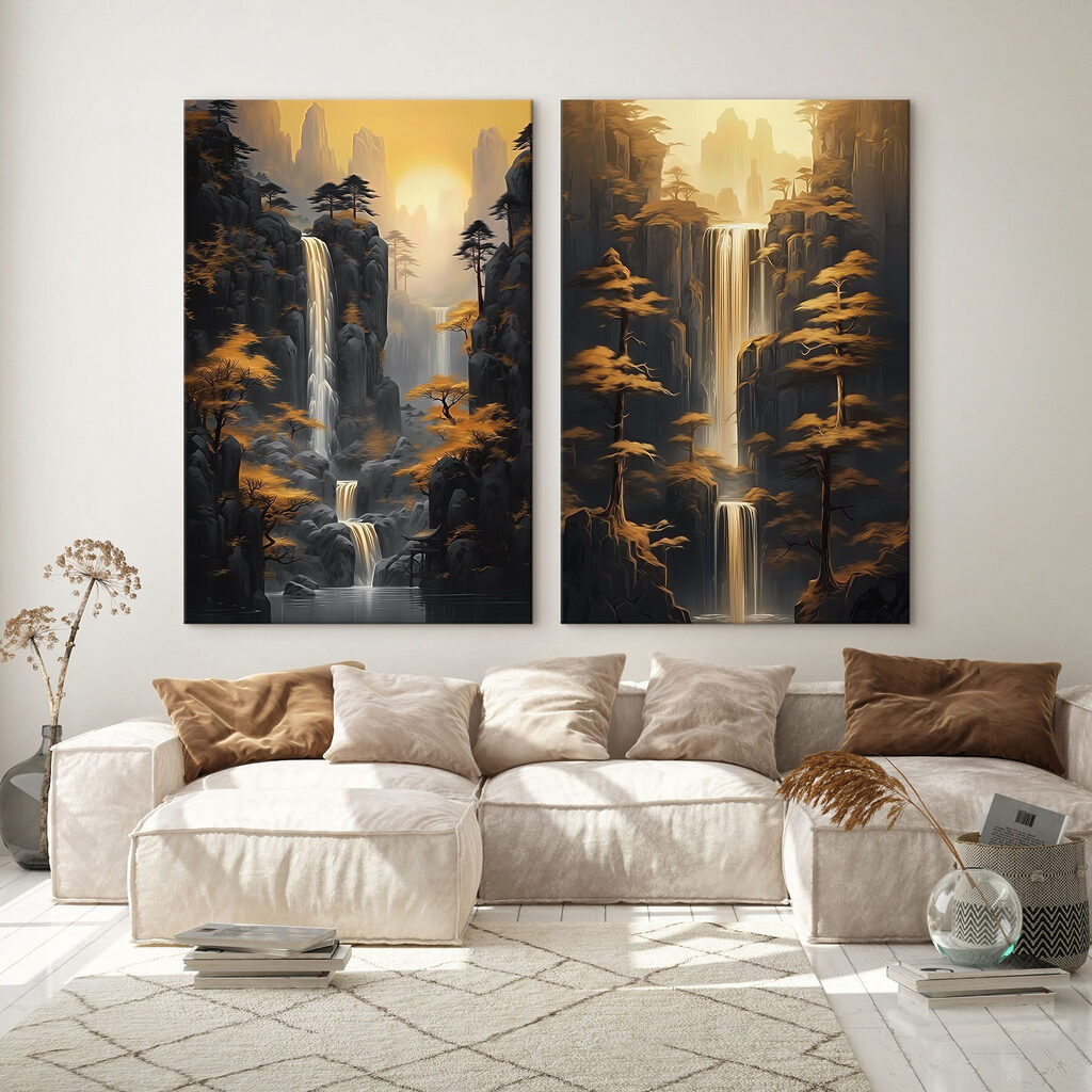 Wasserfälle bei Sonnenuntergang in einem Interieur