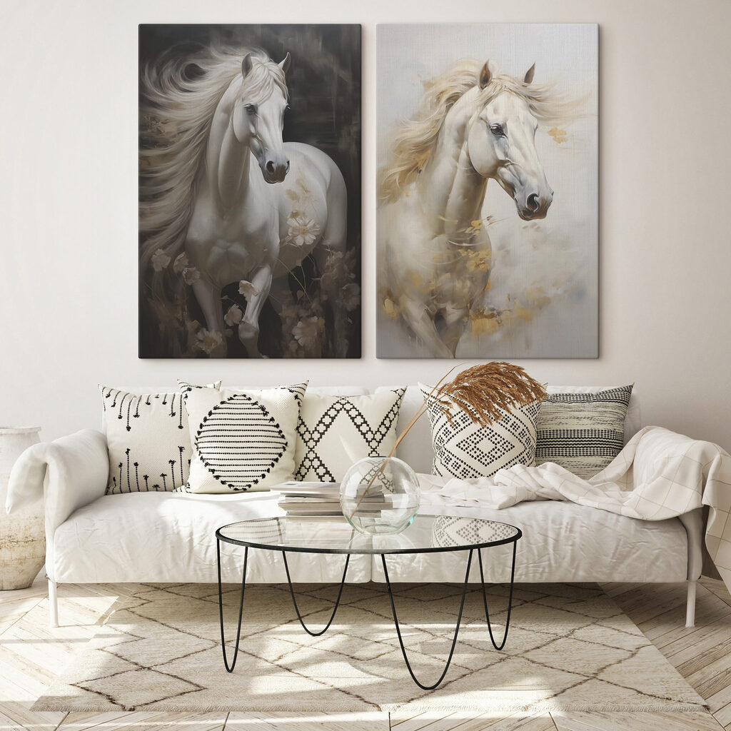 Weißes Pferd in einem Interieur