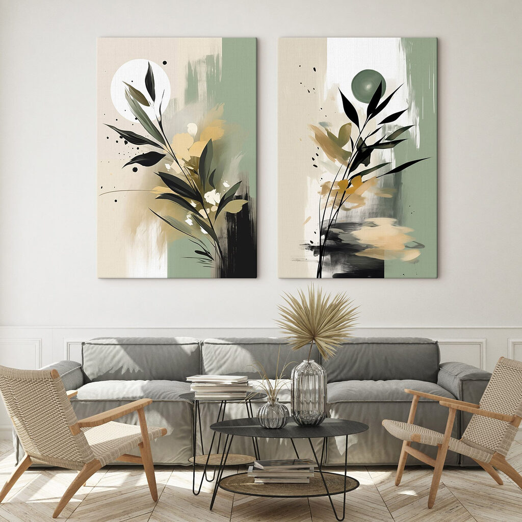 Blätter und Pinselstriche in einem Interieur