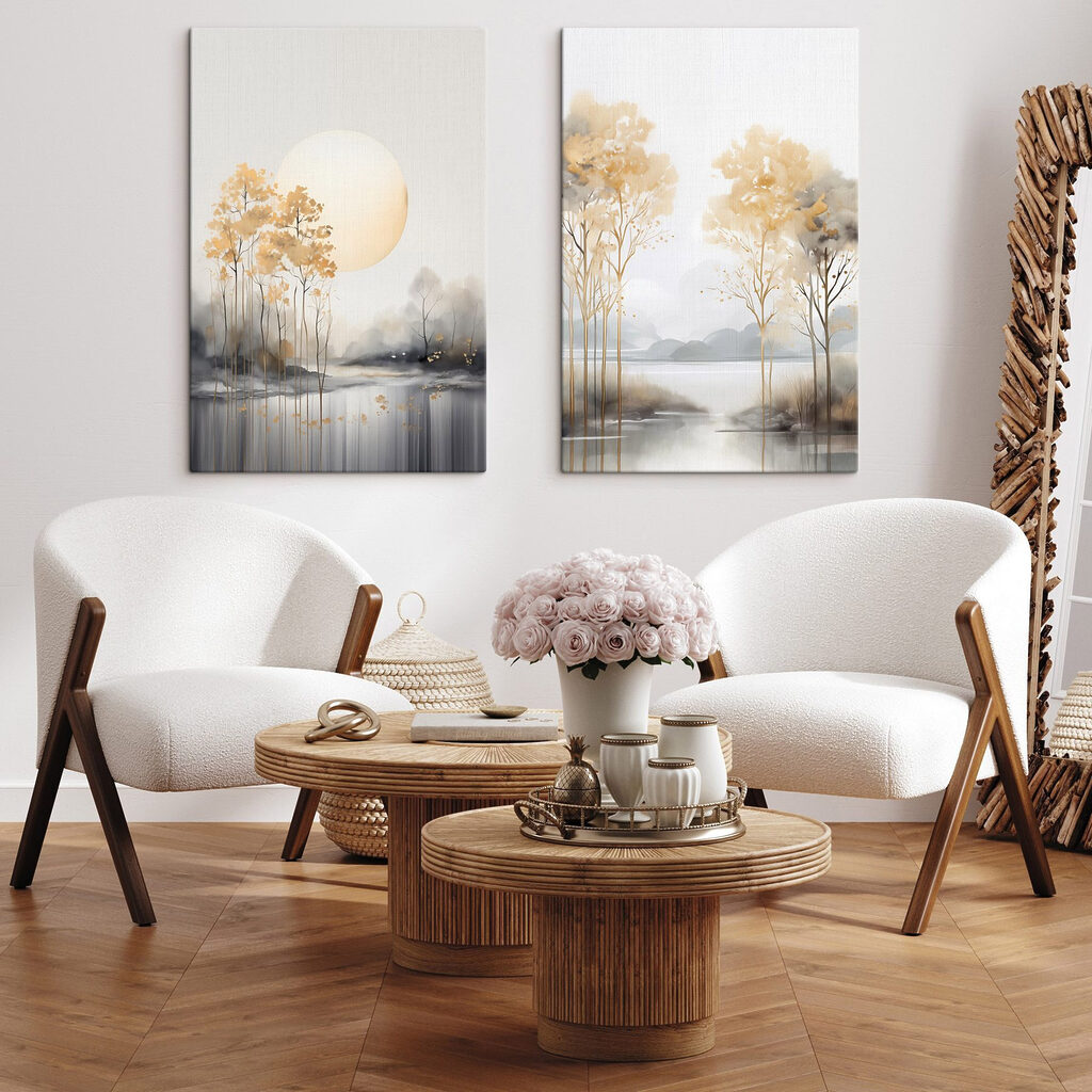See mit goldenen Bäumen in einem Interieur