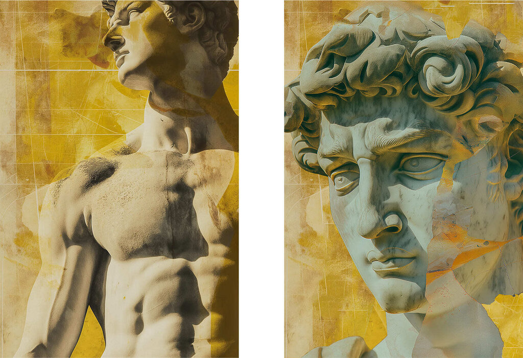 Statue auf gelbem Grund — ganzes Design