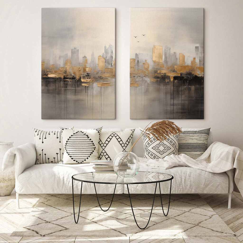 Stadt im Morgennebel in einem Interieur