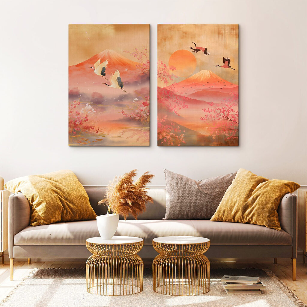 Vögel über roten Bergen in einem Interieur