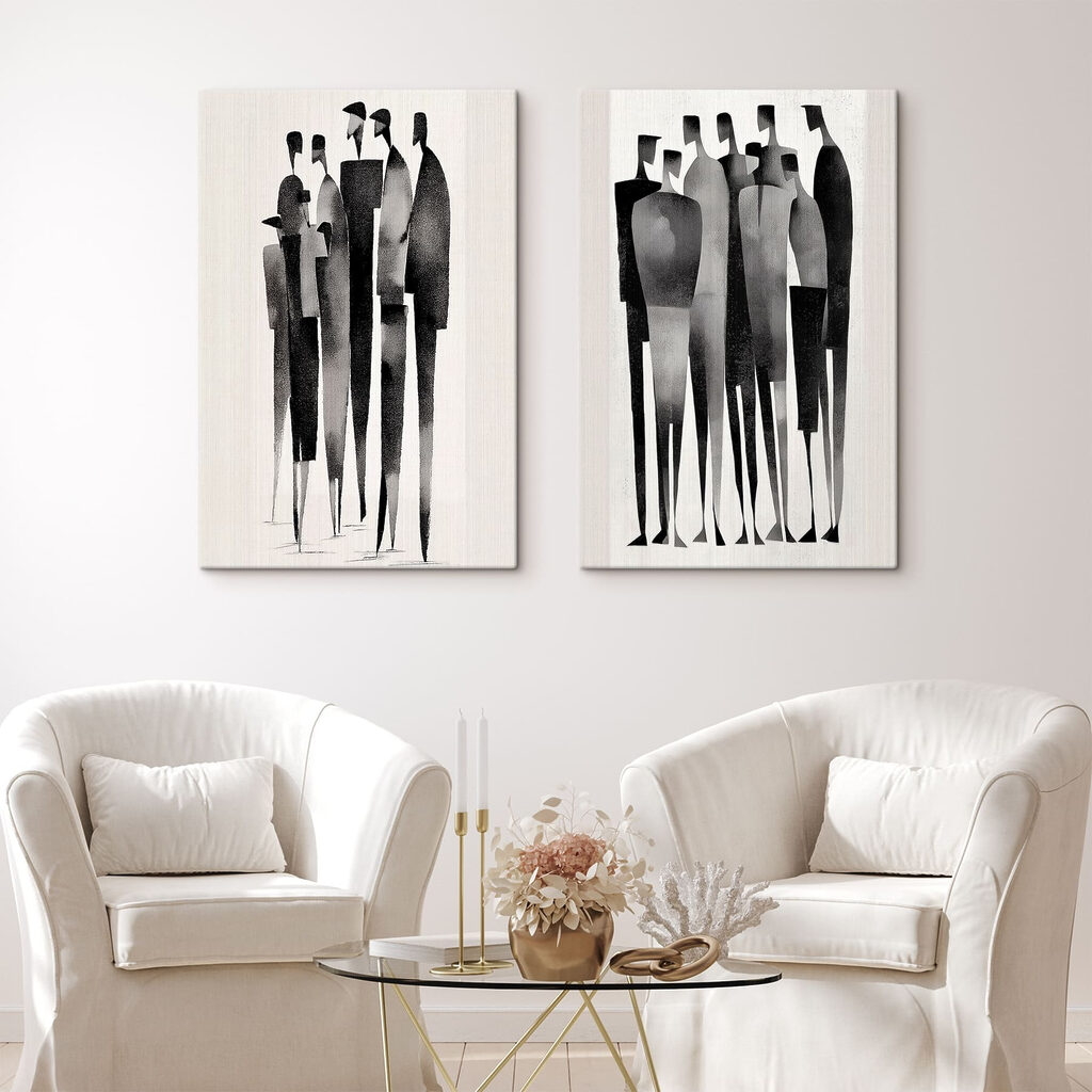 Gruppe schlanker Gestalten in einem Interieur