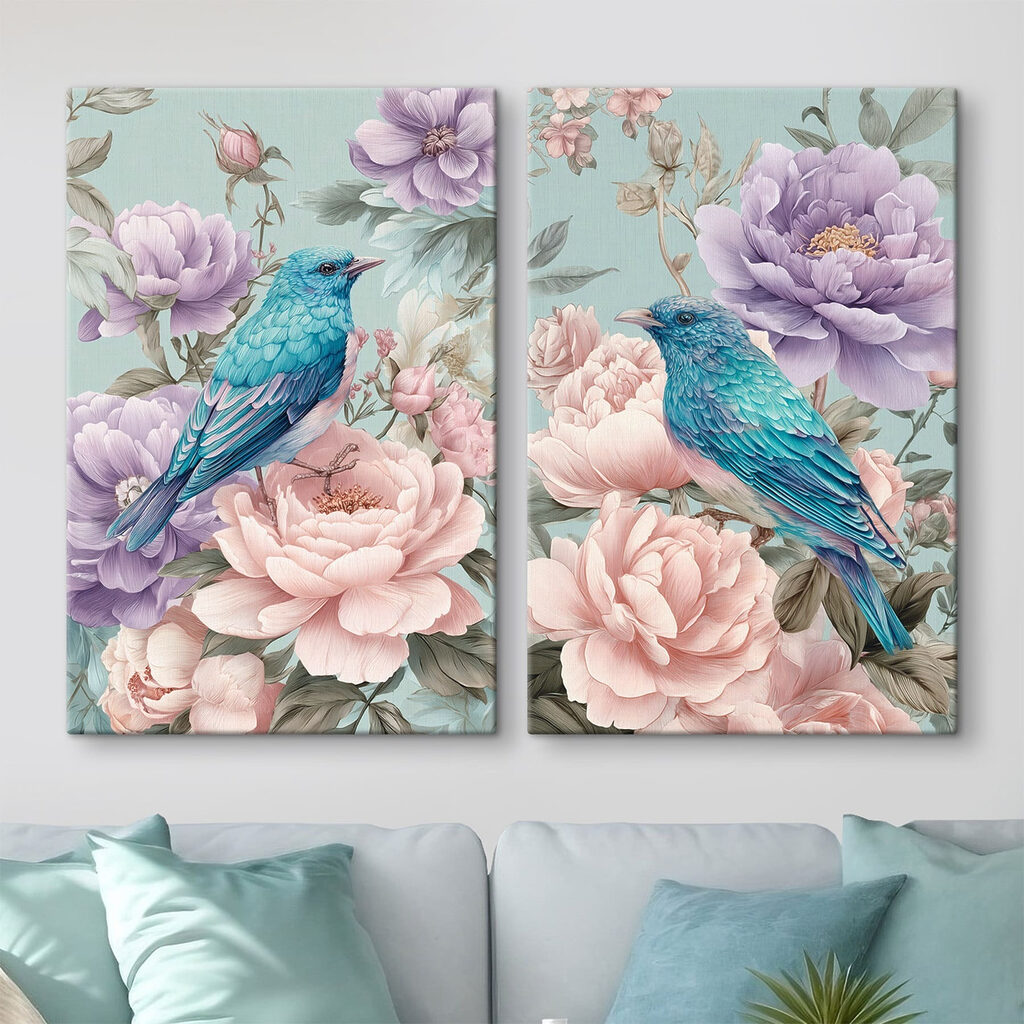 Vögel zwischen üppigen Blüten in einem Interieur