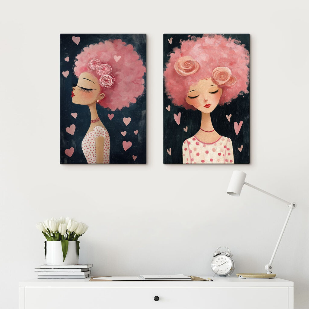 Träumerin mit rosa Haar in einem Interieur