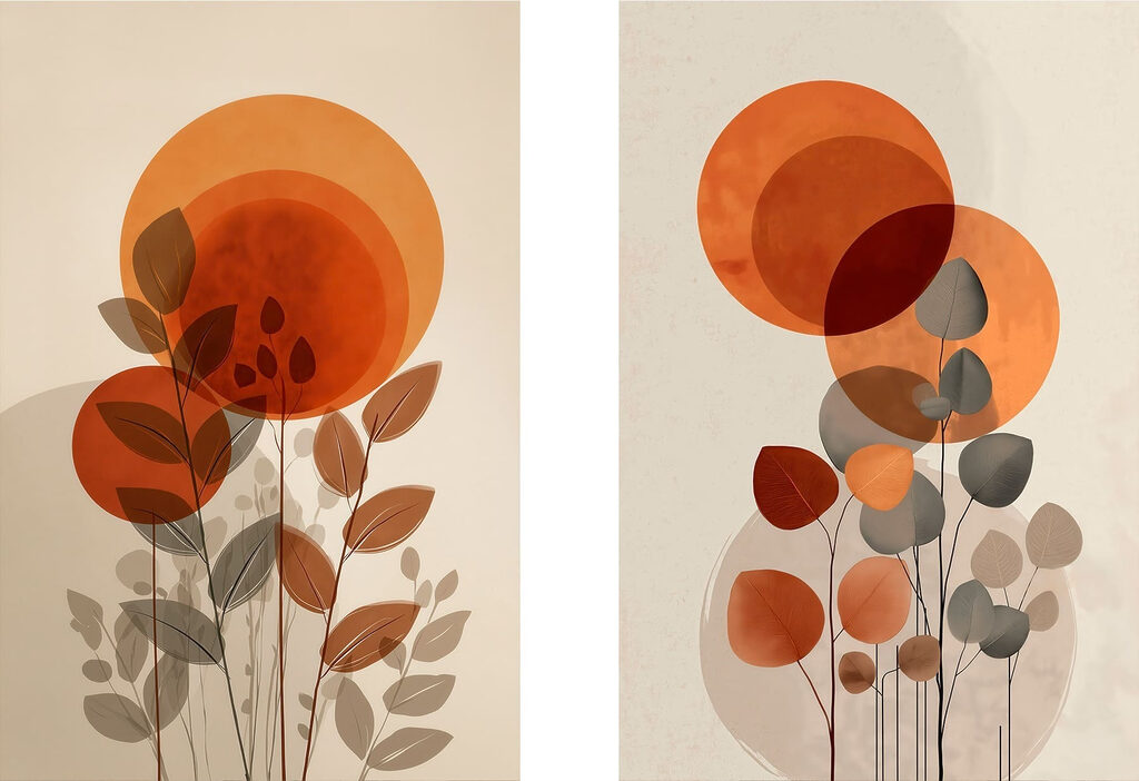 Orangefarbene Kreise und Blätter — ganzes Design