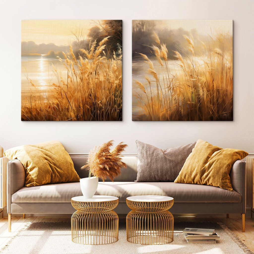 Goldene Gräser am Fluss in einem Interieur