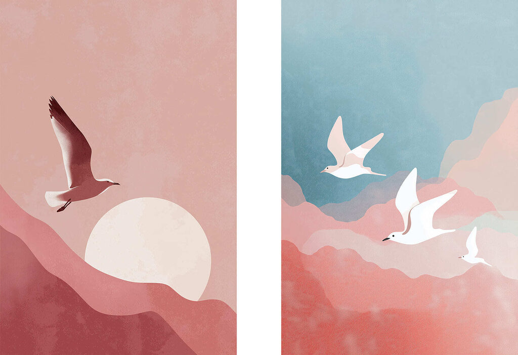 Vögel am rosa Himmel — ganzes Design