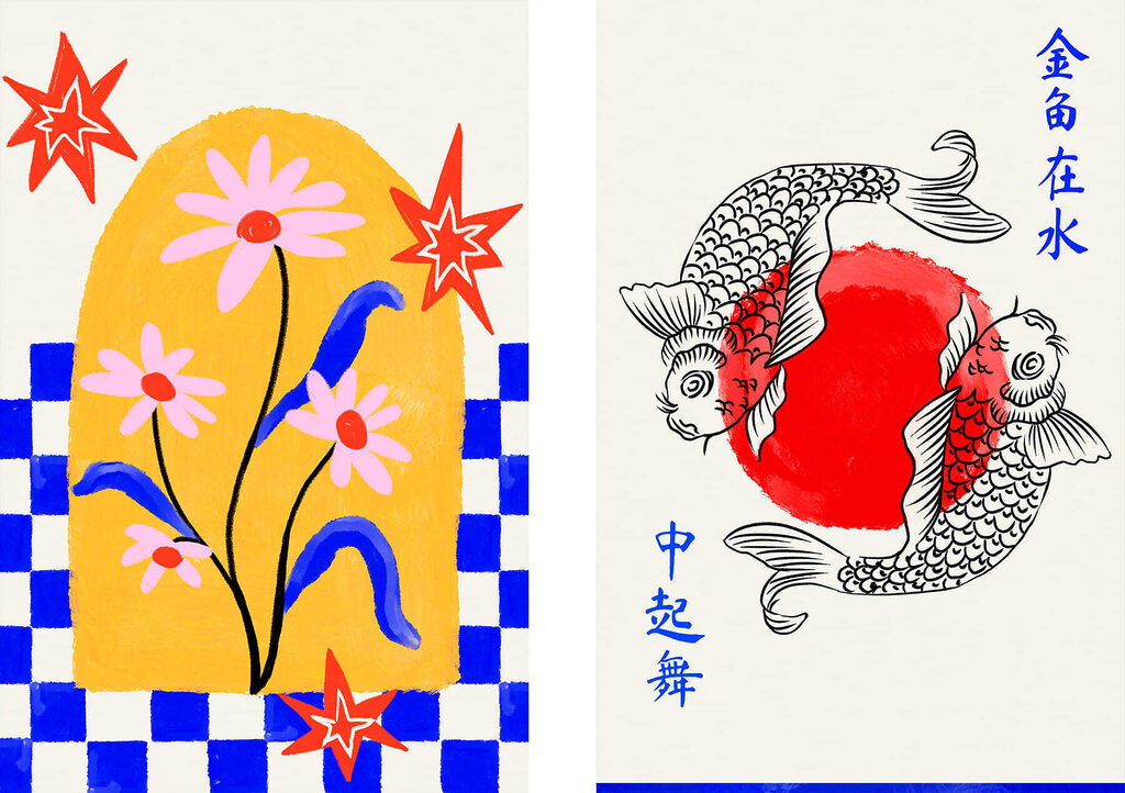 Blumen und tanzende Fische — ganzes Design
