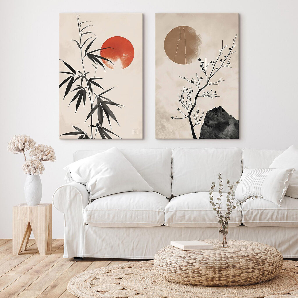 Sonnenscheiben hinter Zweigen in einem Interieur