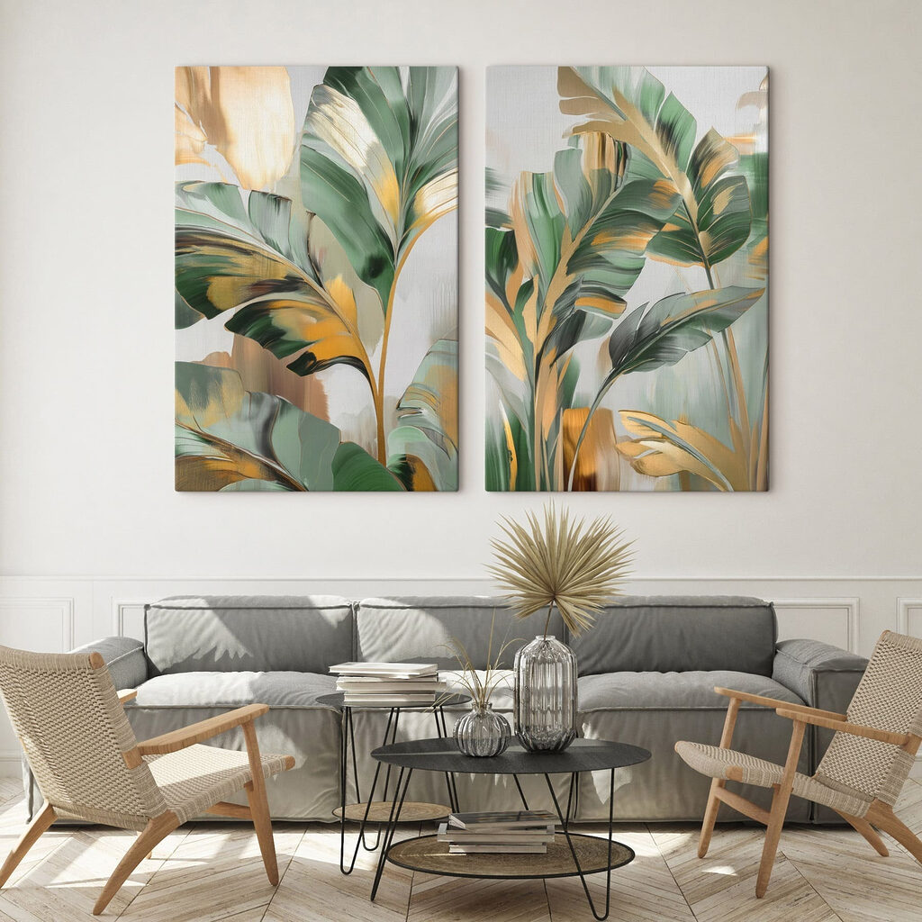 Tropenblätter im Sonnenlicht in einem Interieur