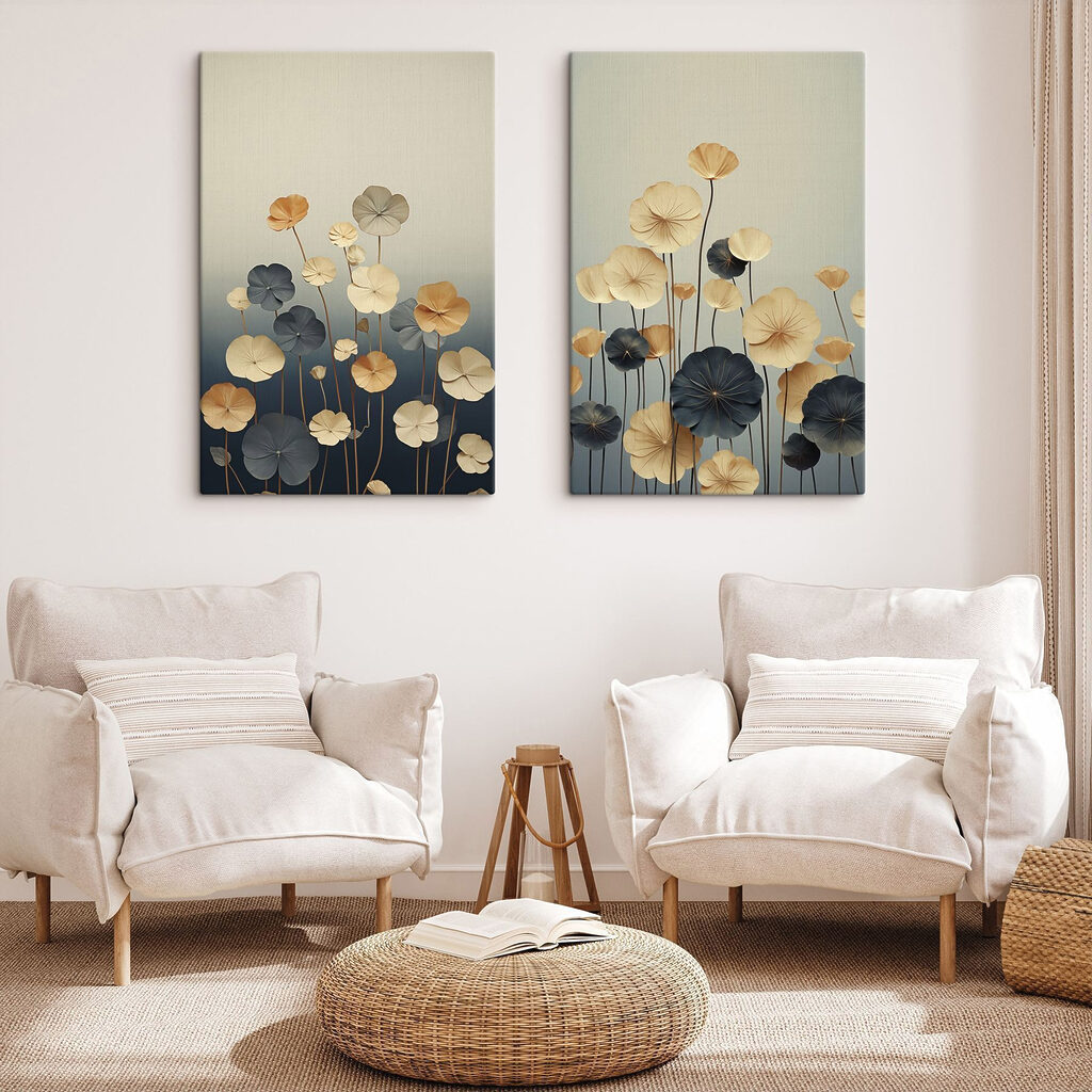 Blüten an dünnen Fäden in einem Interieur