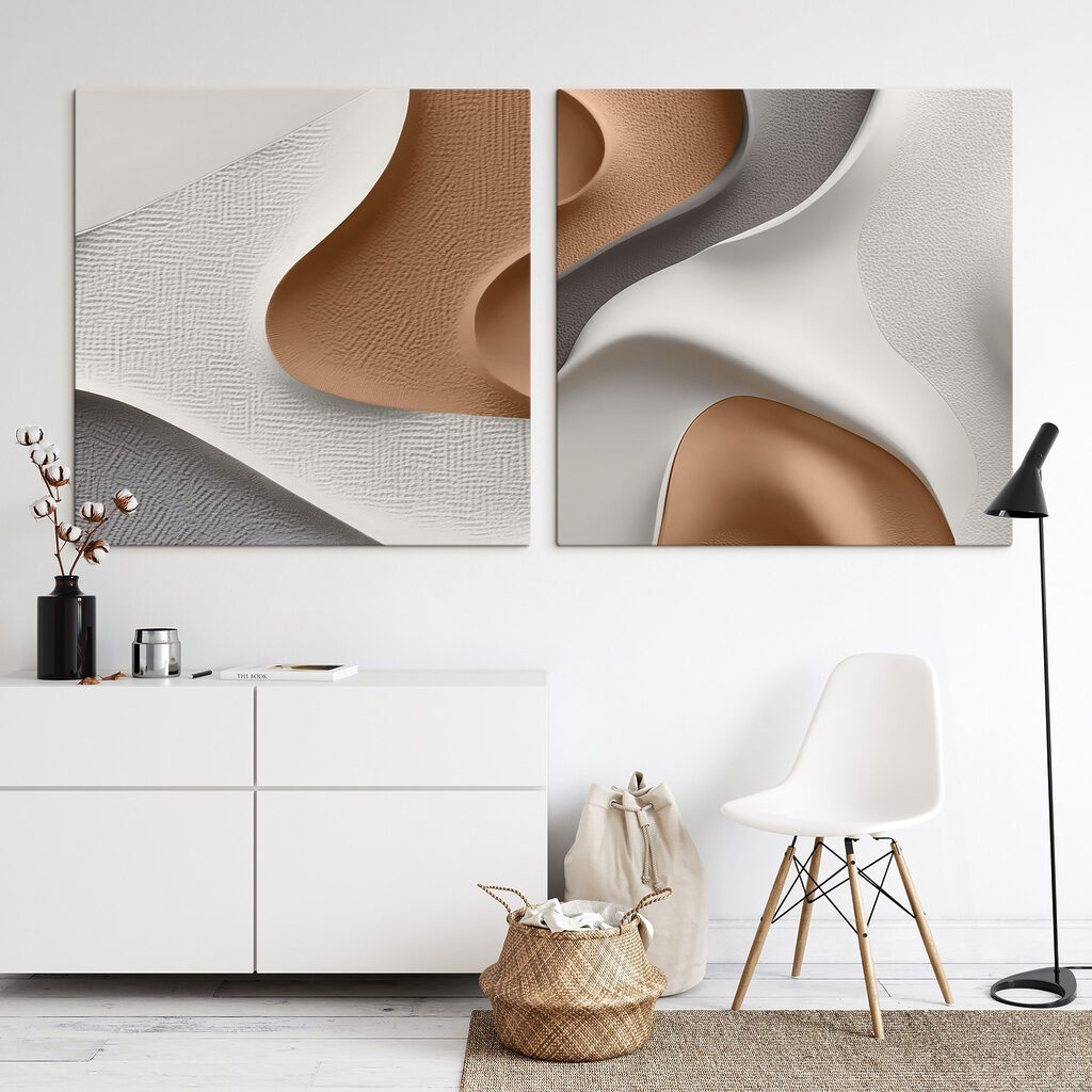 Kupfertöne zwischen weißen Rundungen in einem Interieur