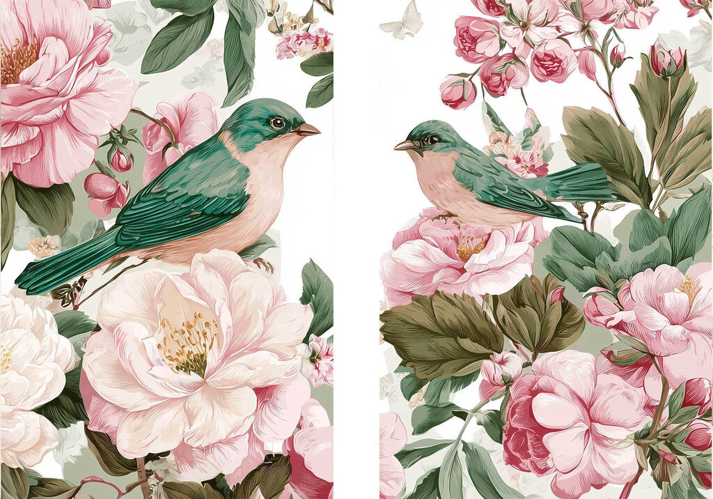 Vögel und rosa Blüten — ganzes Design