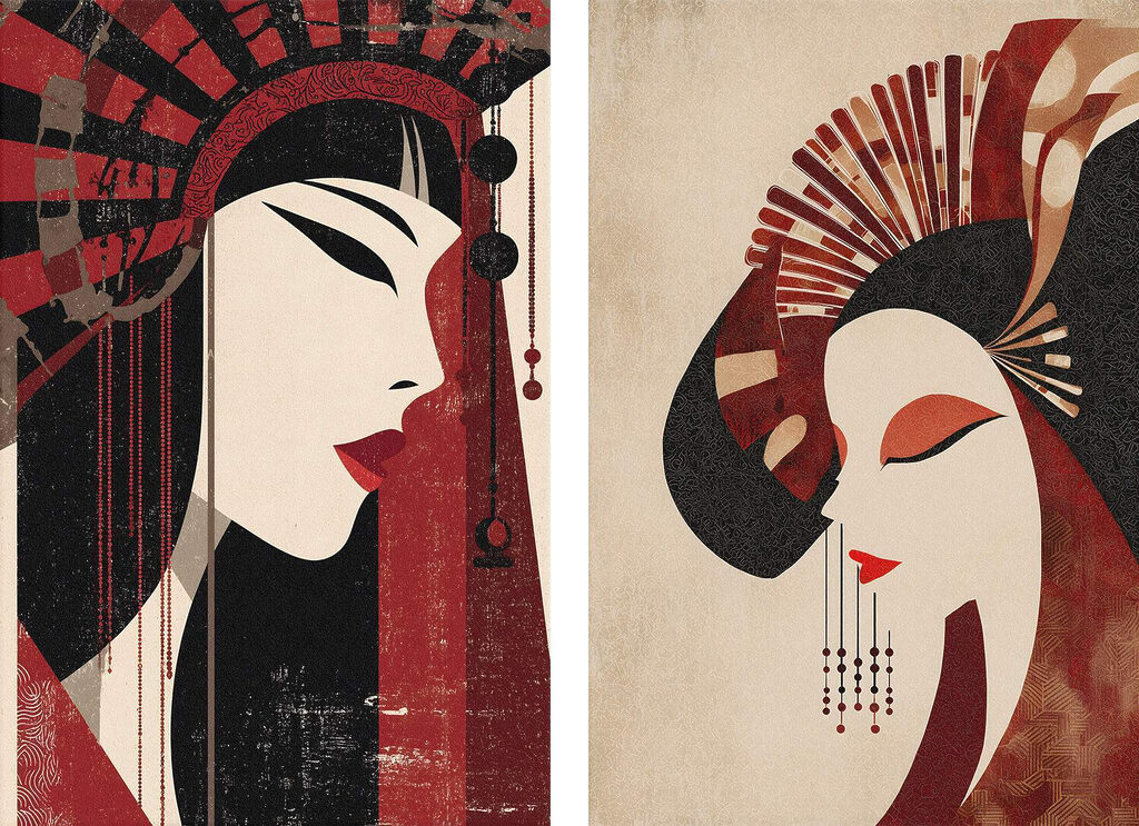 Rot-schwarze Frauenprofile — ganzes Design