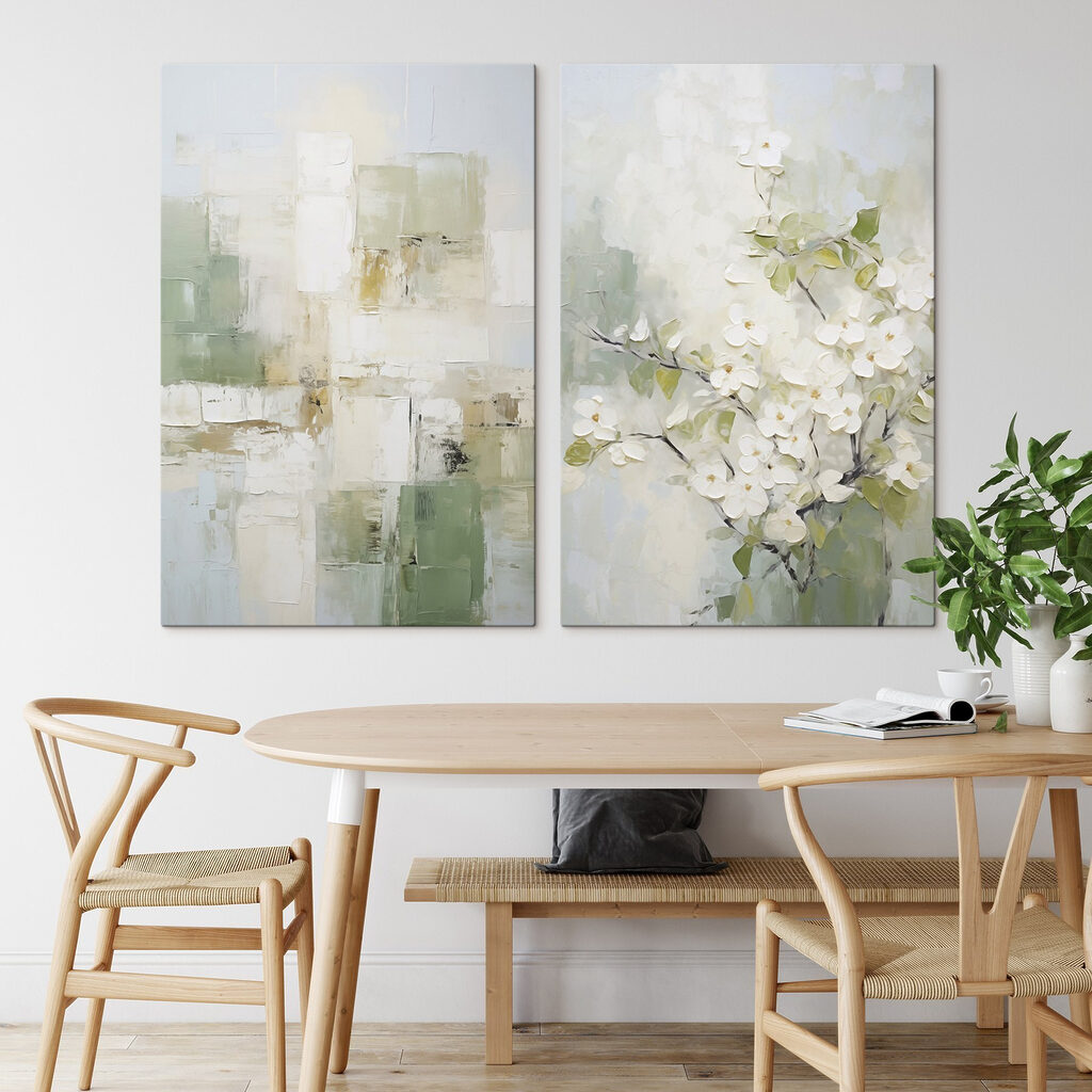 Weiße Blüten neben Grün in einem Interieur