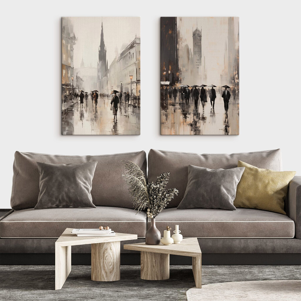 Regenschirme in der Stadt in einem Interieur