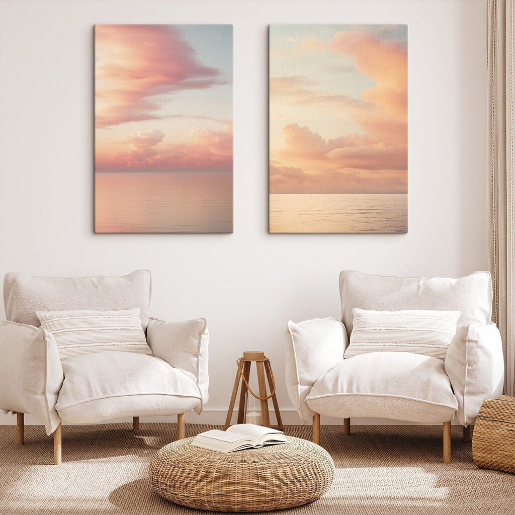 Rosa Wolken überm Meer in einem Interieur