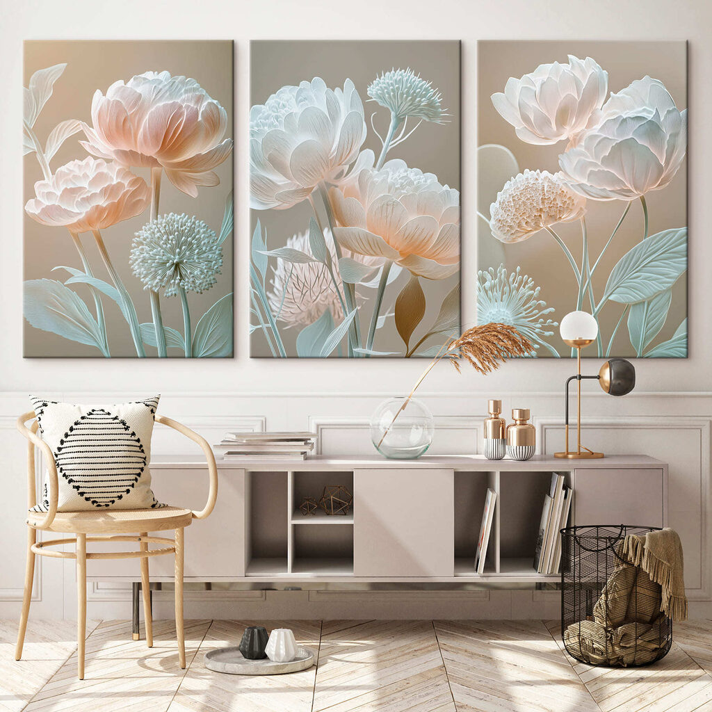 Pastellstrauß mit Pusteblumen in einem Interieur