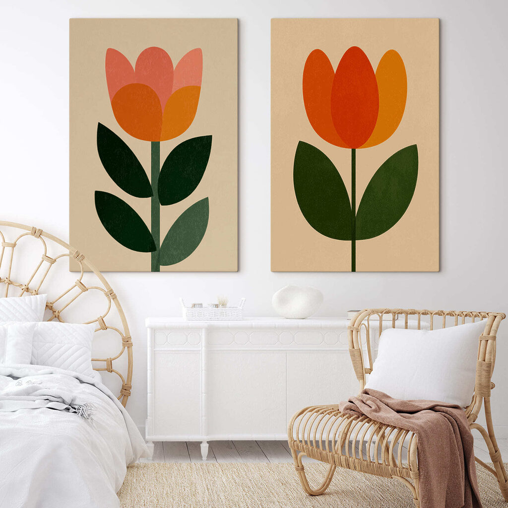 Zwei schlichte Tulpen in einem Interieur
