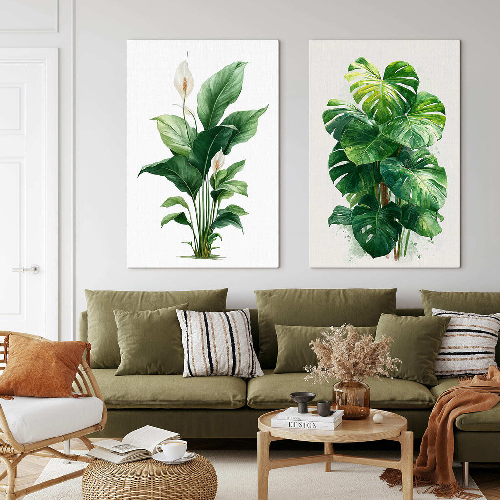 Grüne Zimmerpflanzen in Aquarell in einem Interieur