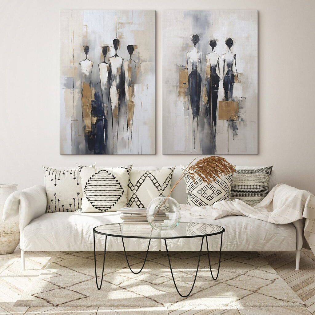 Langgestreckte Figuren nebeneinander in einem Interieur