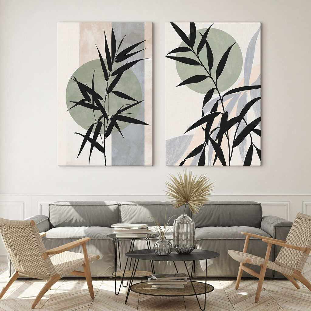 Schwarze Zweige, runde Flächen in einem Interieur
