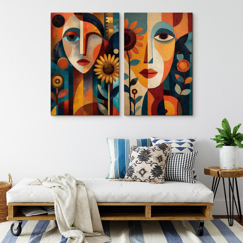 Gesichter und Sonnenblumen in einem Interieur