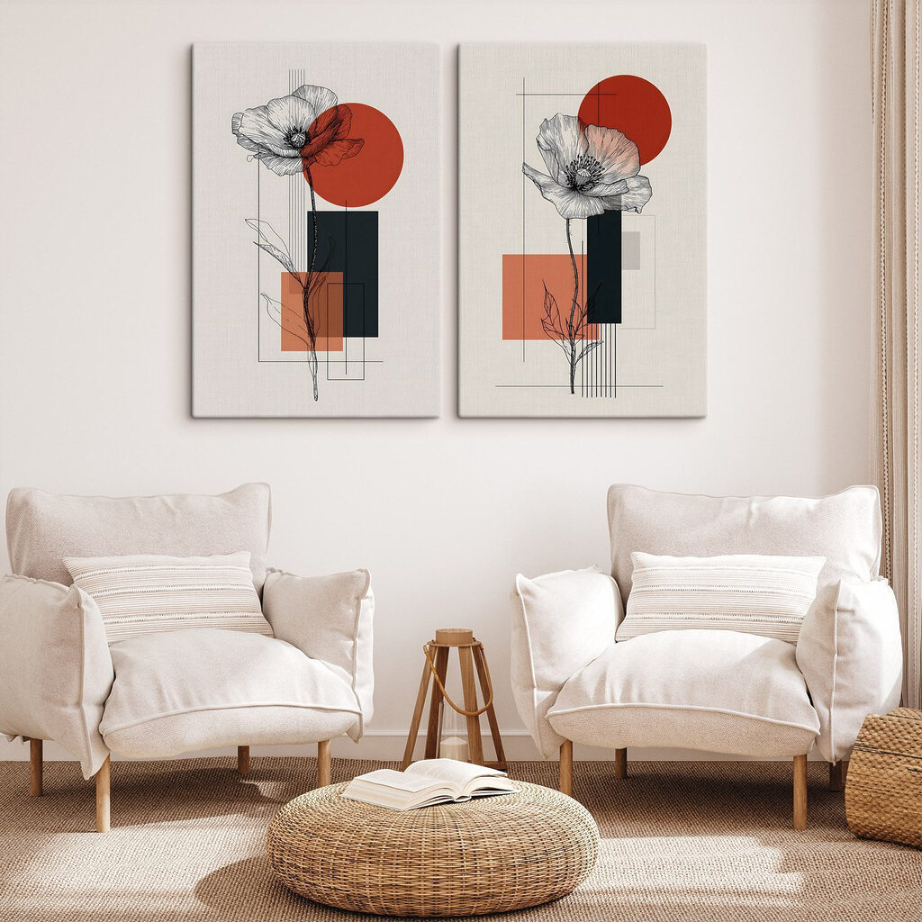 Blumenlinien zwischen roten Formen in einem Interieur