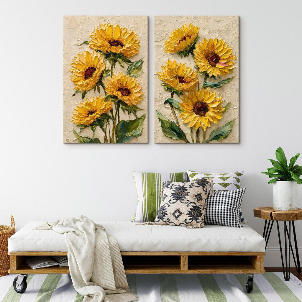 Sonnenblumen in voller Blüte in einem Interieur