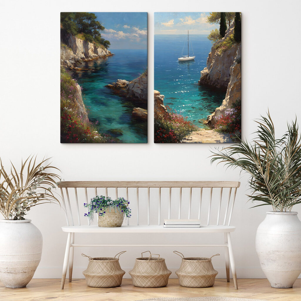 Segelboot in der Bucht in einem Interieur
