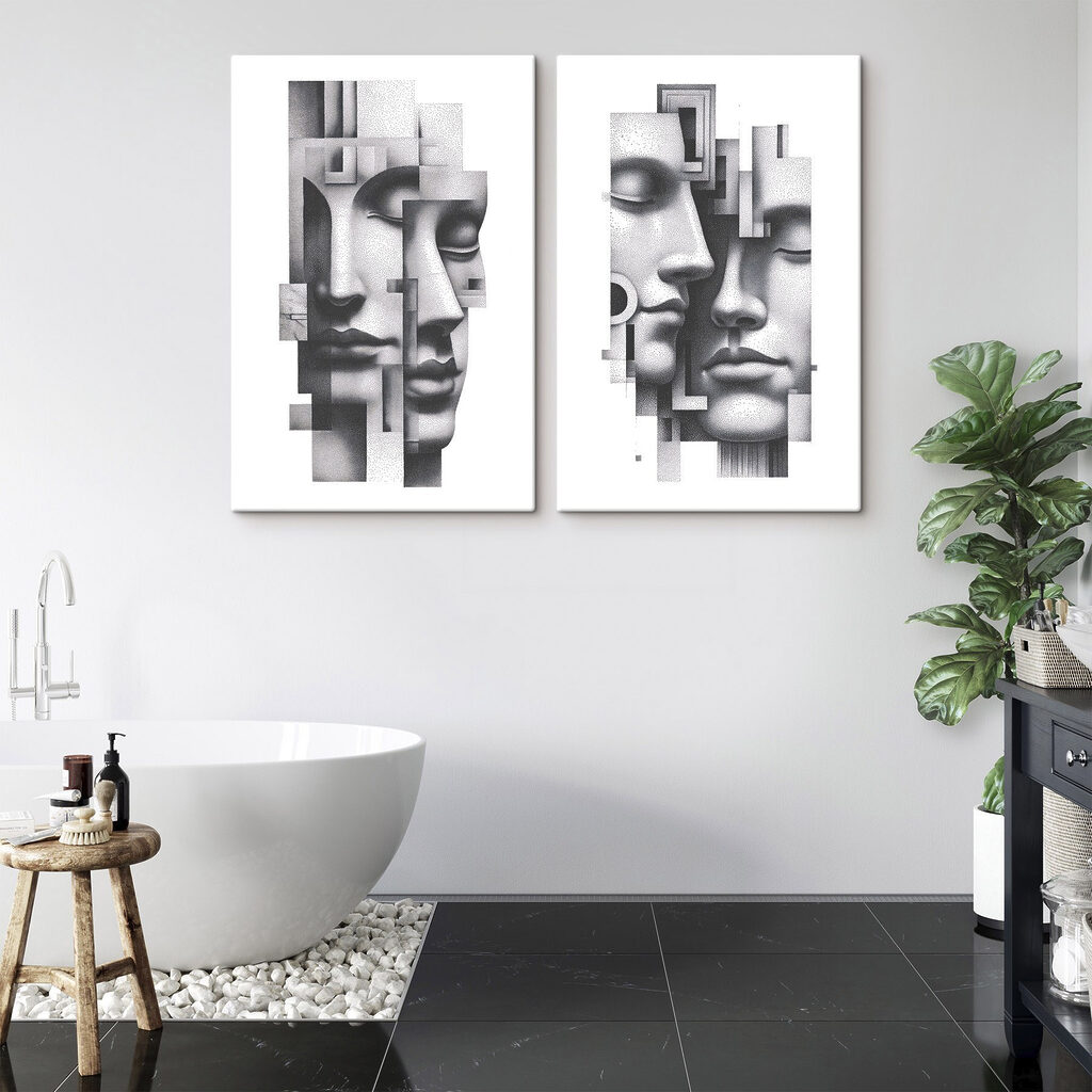 Gesichter in grauen Streifen in einem Interieur