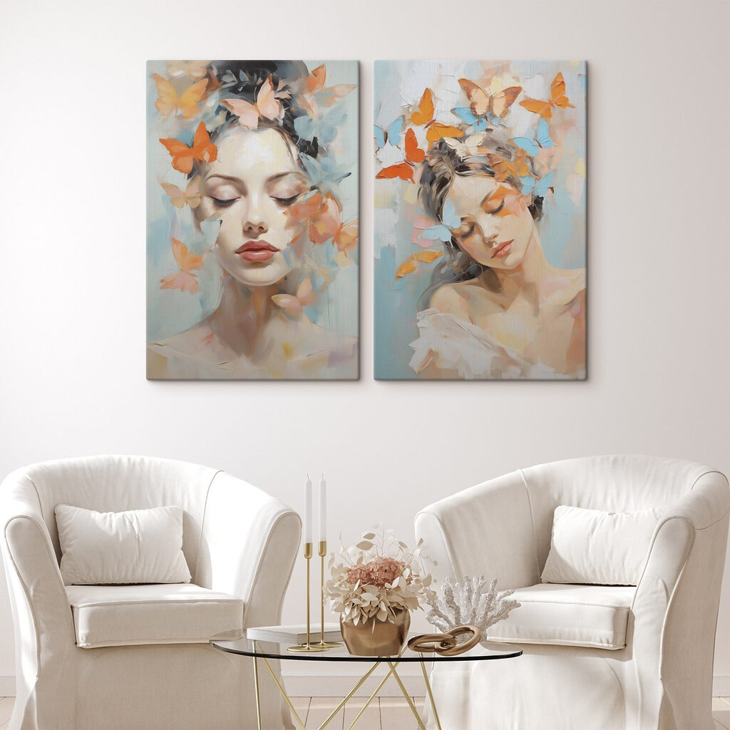Schmetterlinge um ihr Gesicht in einem Interieur