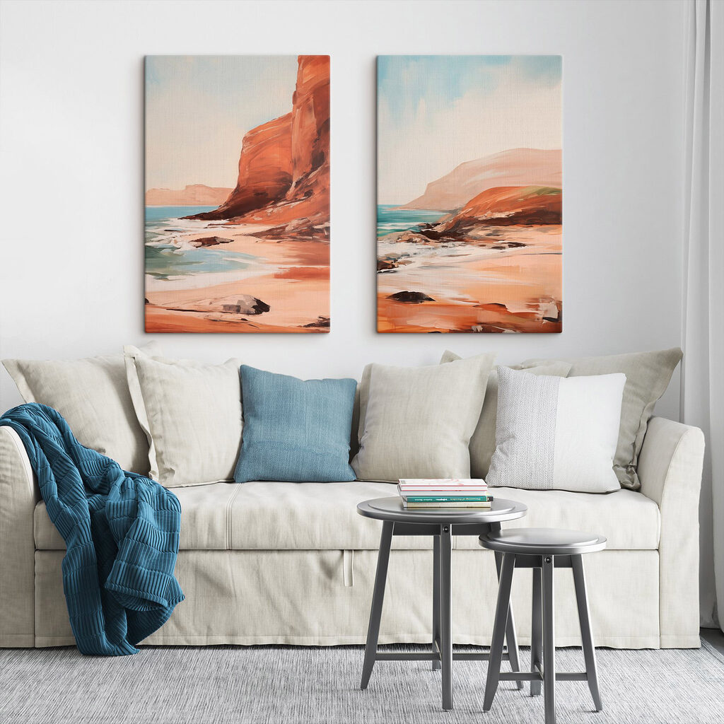 Rote Felsen am Meer in einem Interieur