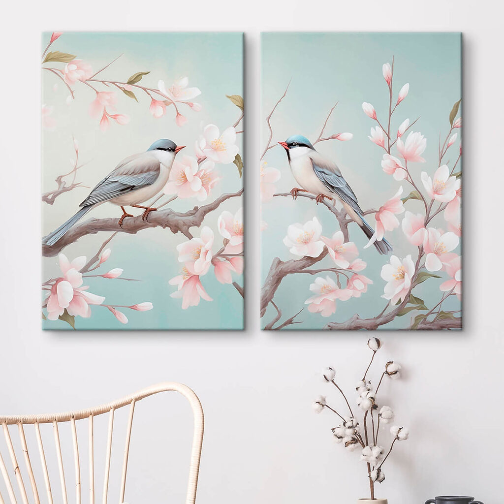 Vögel auf Blütenzweigen in einem Interieur