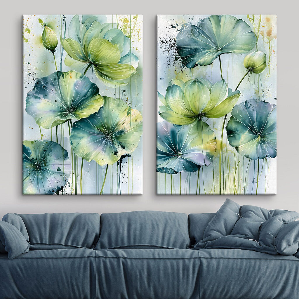 Grüne Blüten in Aquarell in einem Interieur