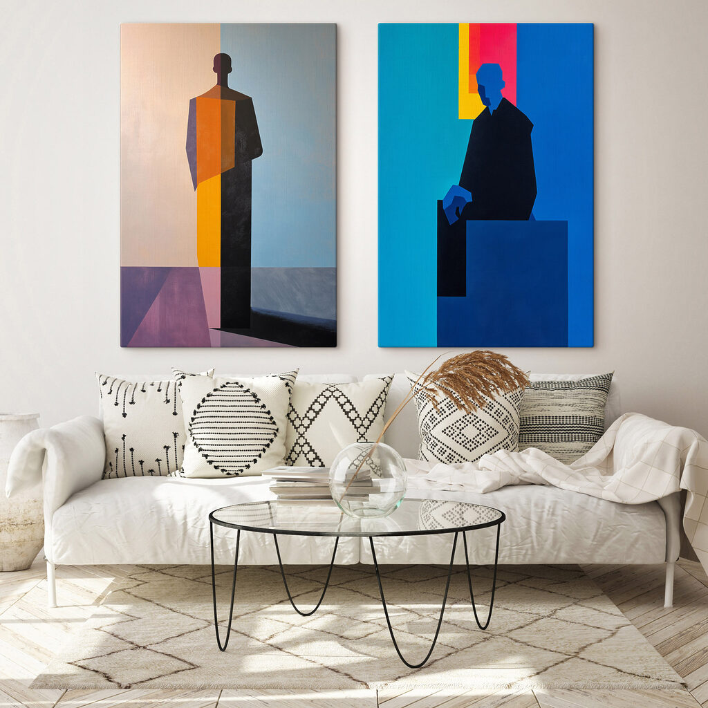 Gestalten zwischen leuchtenden Flächen in einem Interieur