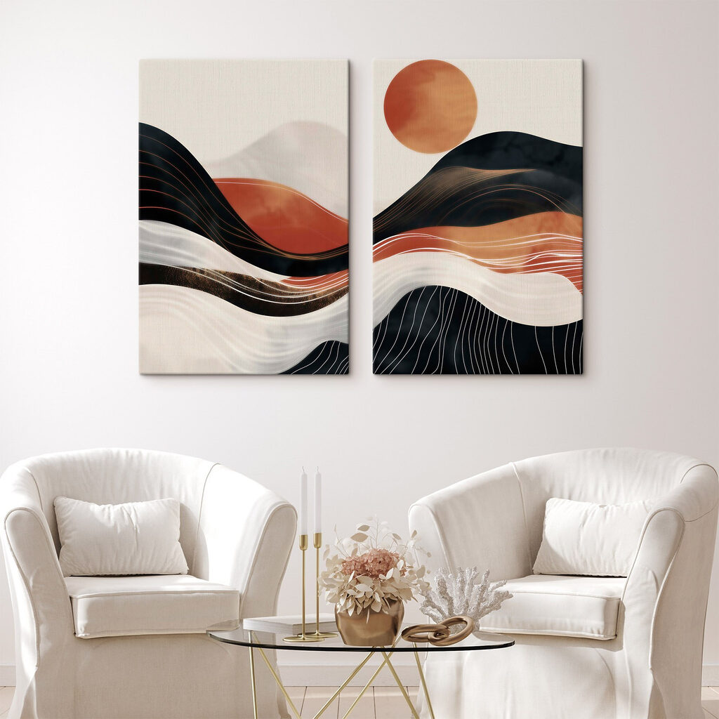 Sonne über dunklen Hügeln in einem Interieur